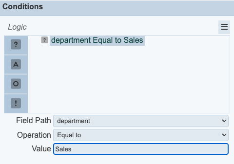 Decision block configured with Field Path, Equal To operation, and value