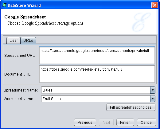 Google Spreadsheet DataStore - URLs